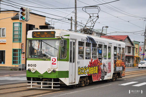 2014-07-18 駒場車庫前～競馬場前間を走る8000形8010。「はこだて自由市場」車体ラッピング広告。